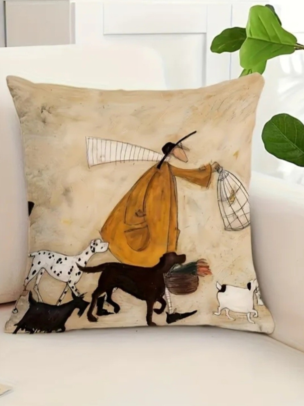 Decorative Beige Pillow with Illustrated Dog Walker